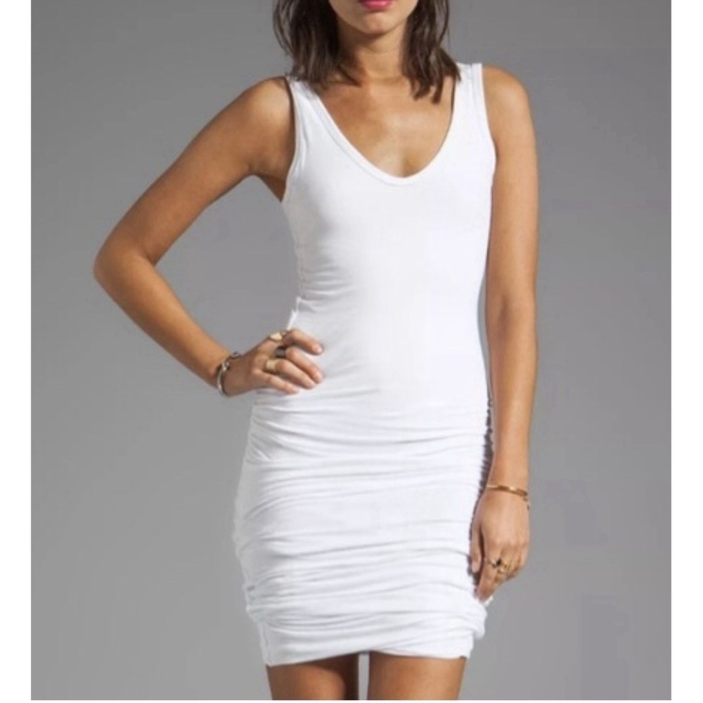James Perse Tank Dress 1, S White Ruched Minimalist Wide Strap V-Neck Preppy